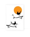 Birds couple silhouette on branch on sunset, vector. Birds in love, cartoon illustration. Wall decals, art decoration Royalty Free Stock Photo