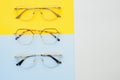 Poster of glasses on pastel background. Optics. Vision