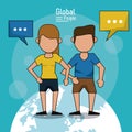 Poster of global people with blue background with faceless couple in short pants over planet earth and text dialogues