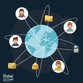 Poster of global people with dark blue background with world globe and global communication links