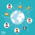 Poster of global people with light blue background with world globe and global communication links