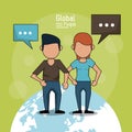 Poster of global people with light green background with faceless couple over planet earth and text dialogues