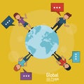 Poster of global people with yellow background of planet earth and people around her with text dialogues Royalty Free Stock Photo