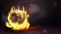 Poster with gold soccer ball in flame on black smoke background. Sport poster for your creativity