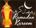 Golden Lighted Lantern with Moon and Greetings for Ramadan Celebration, Vector Illustration