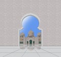 The poster grand mosque of syekh zayed arabic islamic place for pray in silhouette with moon and star behind the brick wall Royalty Free Stock Photo