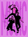 Poster graphics. Contemporary art collage. Young musicians performing, singing isolated over pink background with