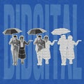 Poster graphics. Family couple in retro suit with umbrella walking over blue background with lettering. Contemporary art