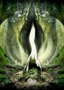 Poster Green Flame of Archangel Raphael in beautiful mystical forest landscape.