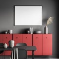 Poster in a grey living room with a red sideboard