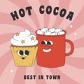 Poster with groovy cocoa cup and muffin. Cartoon characters in trendy retro style.