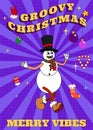 Poster Groovy hippie Christmas. Snowman in trendy retro cartoon style