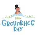 Poster for Groundhog Day, holiday decoration. Background with a marmot pictured on it crawling out of a hole in spring