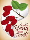 Yang Symbol and Dogwood with Cherries for Double Yang Festival, Vector Illustration