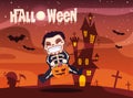 poster of halloween with boy disguised of skeleton