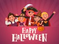 Poster for Halloween kids party. Children dressed in halloween costumes. Vector illustration