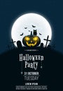 Poster for Halloween party. Terrible concept of crosses, graves and a glowing pumpkin. Starry sky. Black owl. Gloomy cemetery. Ful