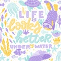 Poster with hand lettering and ocean creatures - fish, cat snorkeling, turtles, jellyfish, corals, seaweed