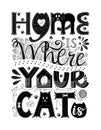 Poster with hand lettering.Words Home is where your cat is. Design poster for cat lovers.Each word is drawn in different styles. Royalty Free Stock Photo