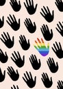 Poster with hands and telling about gender equality. The flag of the spectrum of pride, homosexuality, the embl