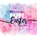 Poster Happy Easter sales with eggs on watercolor background, flyer templates with lettering. Typography poster, card