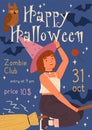 Poster of Happy Halloween childish party vector flat illustration. Cute little witch in hat fly on broomstick decorated