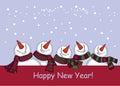 Poster for Happy New year and Merry Christmas. Congratulations on the holiday. Set of funny cute snowmen in colored scarf. Vector. Royalty Free Stock Photo