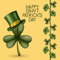 Poster happy saint patricks day with clover of three leaves with top hat in colorful silhouette over light yellow