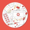 A poster on a health theme. A set of first aid kits, medicines and tablets arranged in a circle.