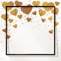 Poster with heart of gold confetti, sparkles, golden glitter in black frame, border