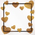 Poster with heart of gold confetti, sparkles, golden glitter and lettering Happy Valentines Day in black frame, border