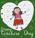 Cute Female Educator in Heart of Paper for Teachers` Day, Vector Illustration