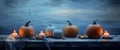 lantern background blue fear evil pumpkin horror table night halloween mystery. Generative AI. Royalty Free Stock Photo