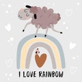 Poster I love rainbow with a lamb - vector illustration, eps