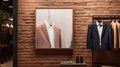 poster image with blank front ealistic on a mockup template in a brick wall in a luxury modern clothing shop,