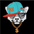 The poster with the image cheetah portrait in hip-hop hat. Vector illustration.
