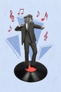 Poster image collage of funky unusual figurative character business worker dancing have fun on blue color