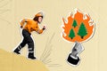 Poster image collage of professional firewoman running hurrying extinguish fire in forest isolated on drawing background