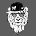 The poster with the image lion portrait in hip-hop hat. Vector illustration.