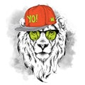 The poster with the image lion portrait in hip-hop hat. Vector illustration.