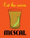 Poster with the image of tequila with worm on orange background