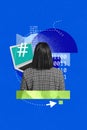 Poster image vertical photo collage of anonym girl stand back it-specialist laptop screen cyberspace digital code