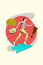 Poster image vertical photo collage of happy girl run cursor arrow pointer bubble communication talk icon exclamation