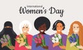 Poster with International Women`s Day. Crowd of modern women of different nationalities and religions in flat design style. Royalty Free Stock Photo