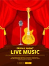 Poster invitation at live music concert. Vector picture of retro microphone and acoustic guitar Royalty Free Stock Photo