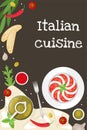 Poster with Italian cuisine. Caprese with Basil leaves. Slices of ciabatta and lemon, chili, olive oil and olives, olive branch Royalty Free Stock Photo