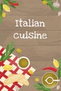 Poster with Italian cuisine. Slices of ciabatta and lemon, chili, olive oil and olives, olive branch and garlic. Flat lay Royalty Free Stock Photo