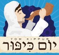 Jewish Man Blowing a Shofar behind Scroll for Yom Kippur, Vector Illustration Royalty Free Stock Photo