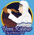 Man Blowing a Shofar in a Dawn of Yom Kippur, Vector Illustration