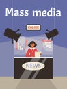 Poster with journalist newscaster on air reads hot news in front of tv cameras Royalty Free Stock Photo